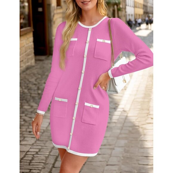 Women’s Knit Sweater Dress Long Sleeve Color Block Bodycon Mini Casual - Picture 6 of 6